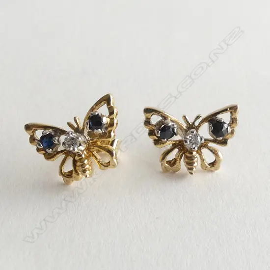 PR 9ct. GOLD, DIAMOND & SAPPHIRE BUTTERFLY EARRINGS