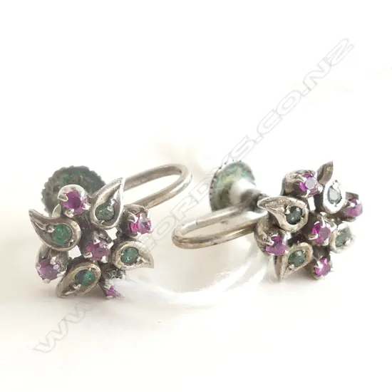 VINTAGE SILVER EMARALD & RUBY ? STAR BURST EARRINGS