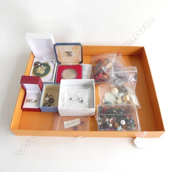 ASST. BEADS JEWELLERY COIN ETC. JADE AMETHYSTS ETC