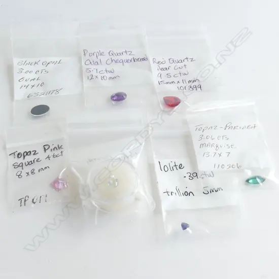 7 ASST STONES; PINK & PARIABA TOPAZ, PURPLE & RED QUARTZ, GREEN AMETHYST, OPAL, LOLITE