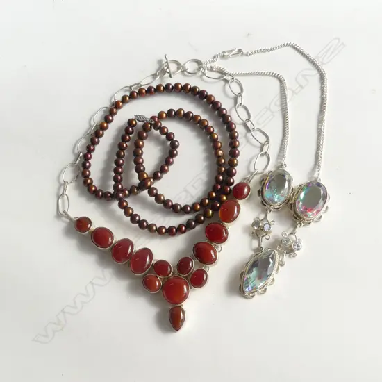 2 STG NECKLACES; CARNELIAN & FAUX DIAMOND & FRESH WATER DYED PEARL NECKLACE