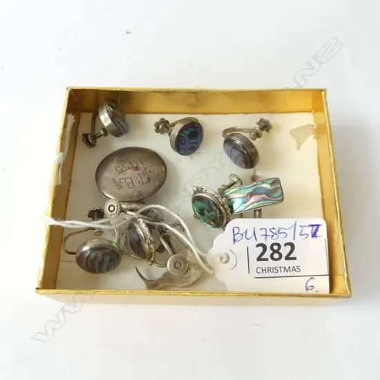 4 PRS STG & PAUA EARRINGS + RING & BADGE 28gm.