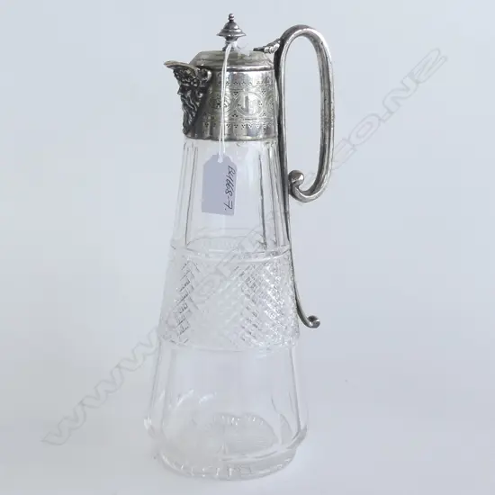 EDWARDIAN SILVER PLATE & CUT CRYSTAL WINE EWER H.280mm