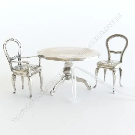 DUTCH .835 SILVER MINIATURE TABLE & 2 CHAIRS 39gm.