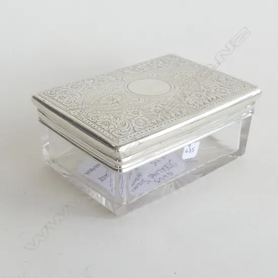 VICTORIAN SILVER TOPPED CUT GLASS VANITY BOX engraved floral panels