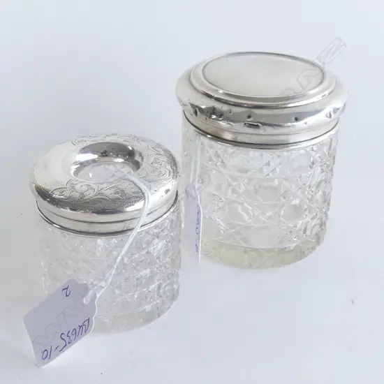 2 c.1900 SILVER TOPPED CUT CRYSTAL VANITY JARS, tallest 88mm