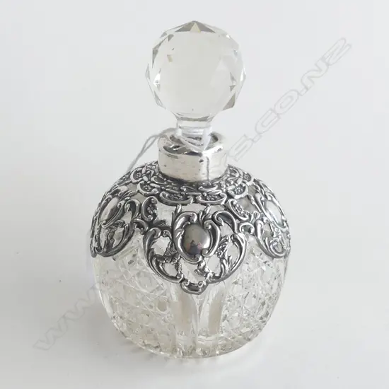 BIRMINGHAM 1911 EMBOSSED SILVER & CUT CRYSTAL SCENT BOTTLE...