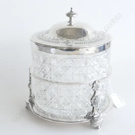 VINTAGE ICE BUCKET; ORNATE SILVER PLATE STAND & LID WITH CUT GLASS EP RImmED BUCKET H.220mm