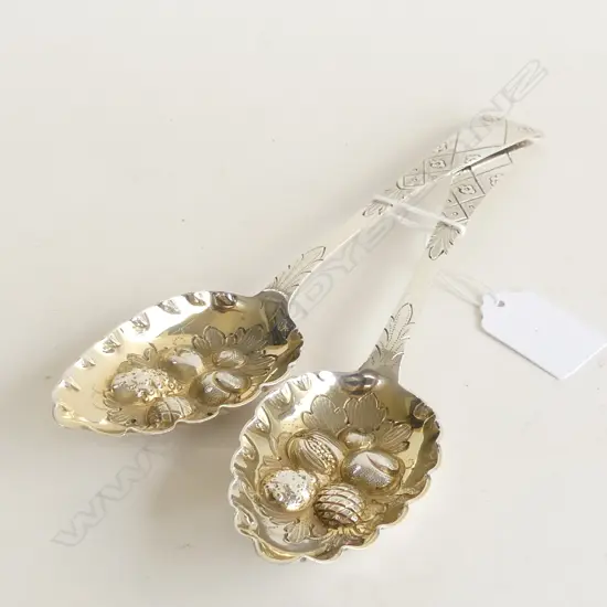 PR VICTORIAN SILVER BERRY SPOONS the bowls deeply fruit embossed & gilded