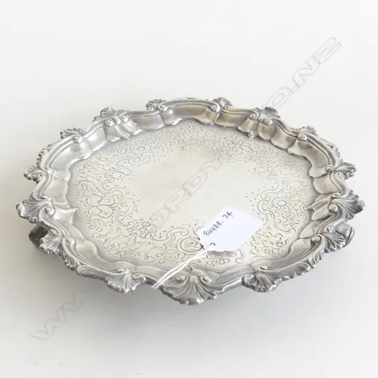 VICTORIAN SILVER WAITER LONDON 1850, C.T & G. Fox. Piecrust rim w husk & scroll border. Dia.195mm. 394gm.