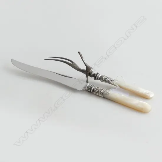 MOP & STG SILVER MOUNTED CARVING KNIFE & FORK, STAMPED 'STERLING' L.3210mm