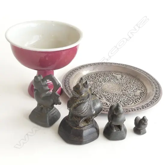 QING PEACH BLOOM STEM CUP (TINY CHIP), BURMESE GOLD WEIGHTS & SMALL BURMESE SILVER TRAY