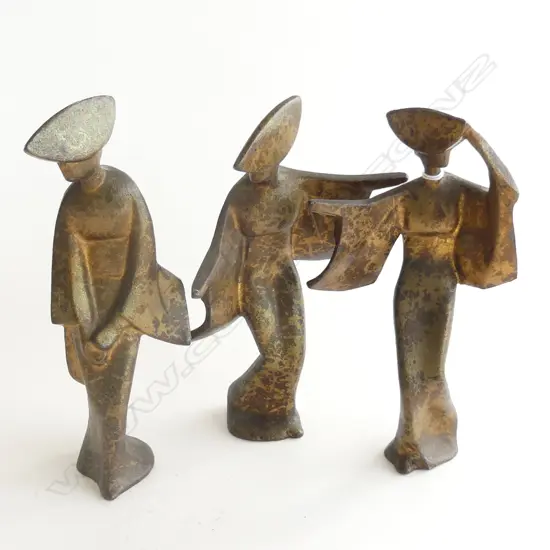 3 BRONZED CAST METAL ORIENTAL LADIES H.180mm