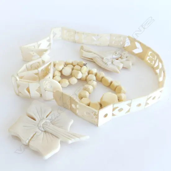 3 PCS IVORY JEWELLERY; 2 BUCKLES & BEADED NECKLACE & BONE BELT