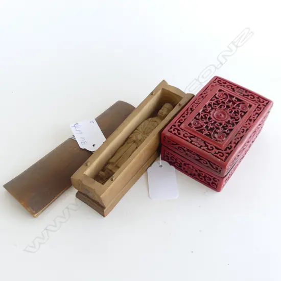 CINNABAR STYLE LIDDED BOX & CARVED WOODEN ORIENTAL TOMB H.160mm