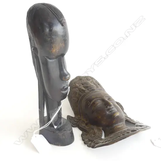 BRONZE WALL PORTRAIT BUST of BUDDHA & AFRICAN EBONY CARVED BUST, H.235mm