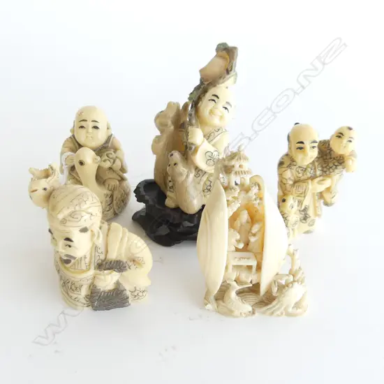 4 RESIN NETSUKE & CARVED IVORY DREAM SHELL H.80mm incl. stand