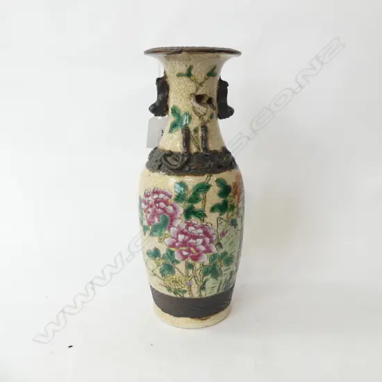 OLD ORIENTAL CRACKL GLAZE FLORAL VASE W METAL EMBELLISHMENTS, MARKS TO BASE, H.260mm