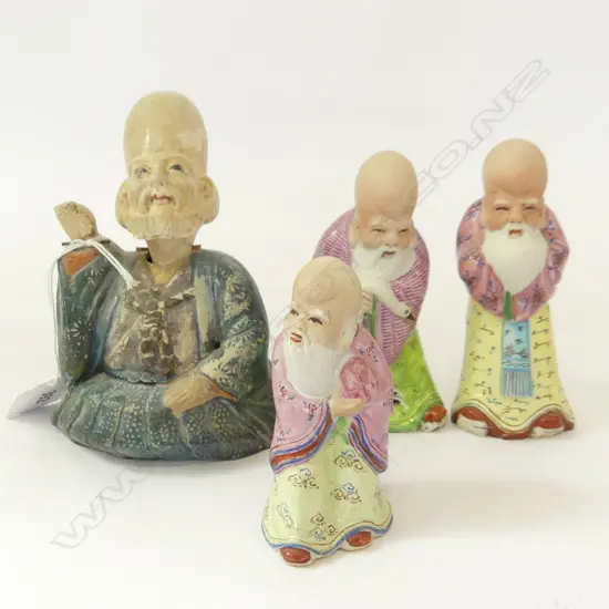 3 CERAMIC CHINESE SAGES & WISEMAN FIGURINE w. BOBBING HEAD & HAND H.125mm
