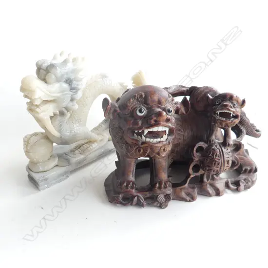 2 ORIENTAL CARVED DRAGON FIGURES; 1 WOODEN (L160mm) & 1 SOAPSTONE (L160mm)