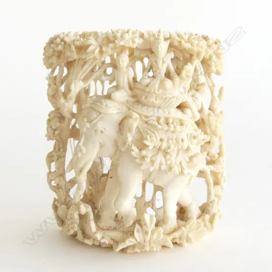 BURMESE CARVED IVORY TUSK SECTION; ELEPHANT & RIDERS H.90mm