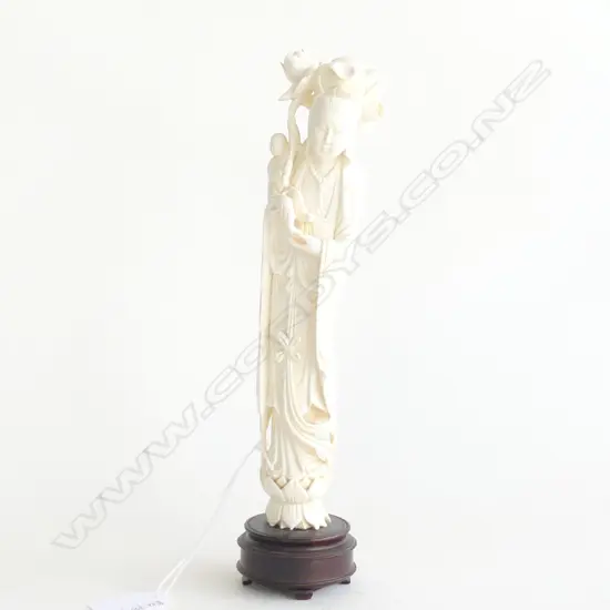 JAPANESE CARVED IVORY QUAN YIN w. CHILD ON DOUBLE LOTUS PLINTH BASE H.230mm (excl. stand)