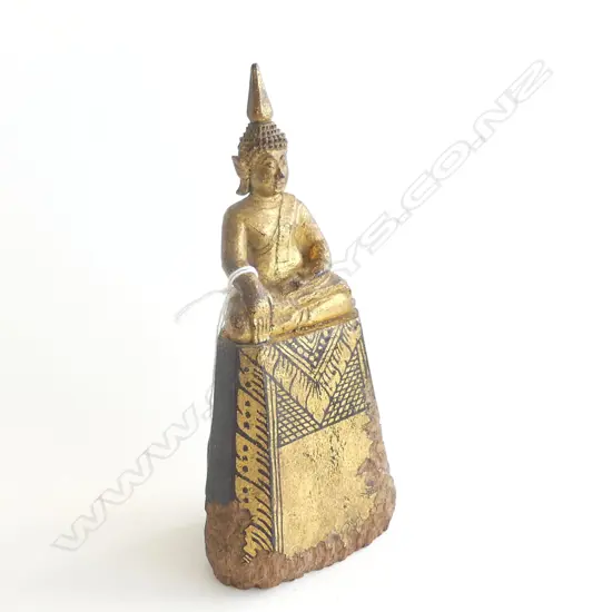 THAI VINTAGE GILDED WOODEN BUDDHA IN BHUMISPARSHA MUDRA POSE H.205mm