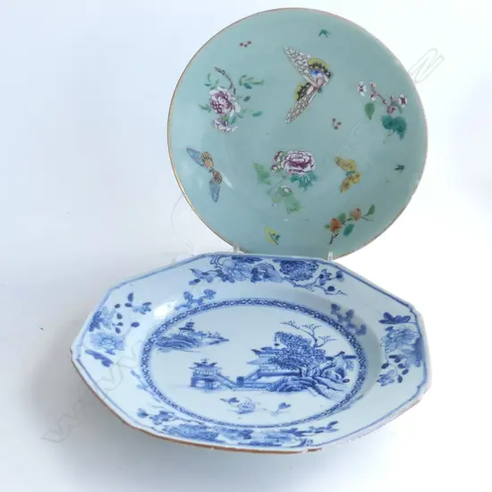 2 ORIENTAL PLATES; ANTIQUE B/W 220 dia / FAMILLE VERTE 195mm dia both with small chips