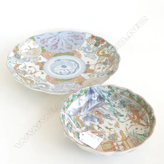 2 19thC JAPANESE FINE SATSUMA DISHES fluted rims largest Dia.250mm