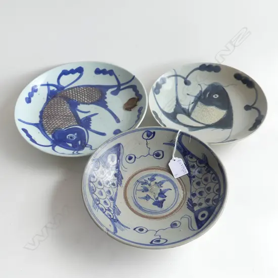 3 VINTAGE ORIENTAL PROVINCIAL FISH BOWLS 250mm dia