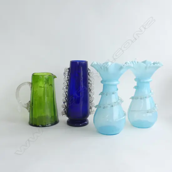 4 PCES VICTORIAN COLOURED GLASS; PR BLUE VASES (CHIP), BLUE BOY, GREEN GIRL JUG (crack) H.250mm