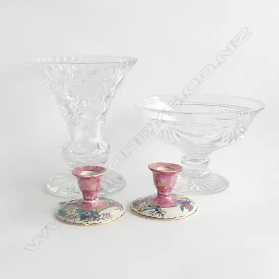 2 LGE VINTAGE CRYSTAL VASES H.210mm (rim chips to largest) & PR MALING LUSTRE CANDLEHOLDERS