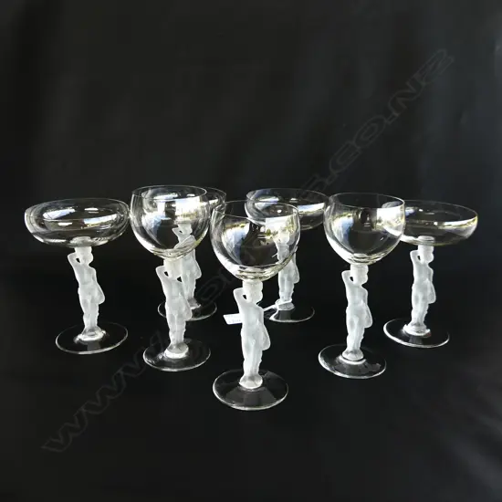 ART DECO STYLE GLASSES WITH FROSTED FIGURE STEMS; 4 CHAMPAGNE & 3 WINE, H.150 & 170mm