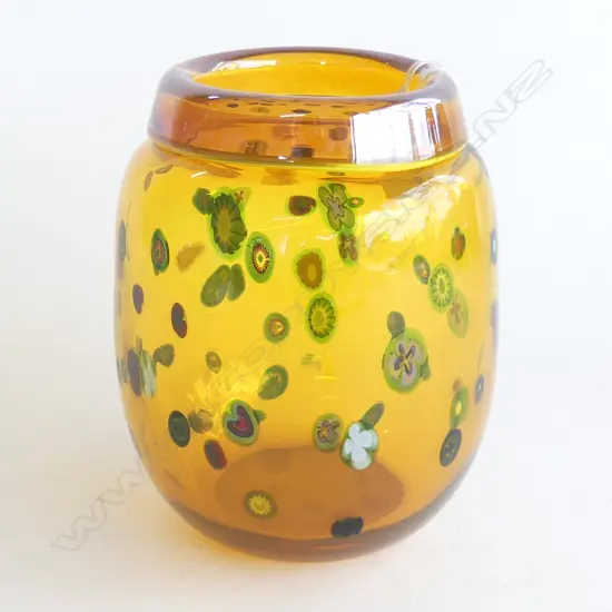 YELLOW GARRY NASH VASE MILLEFIORI CANE INSERTS H.175mm Signed dated '98