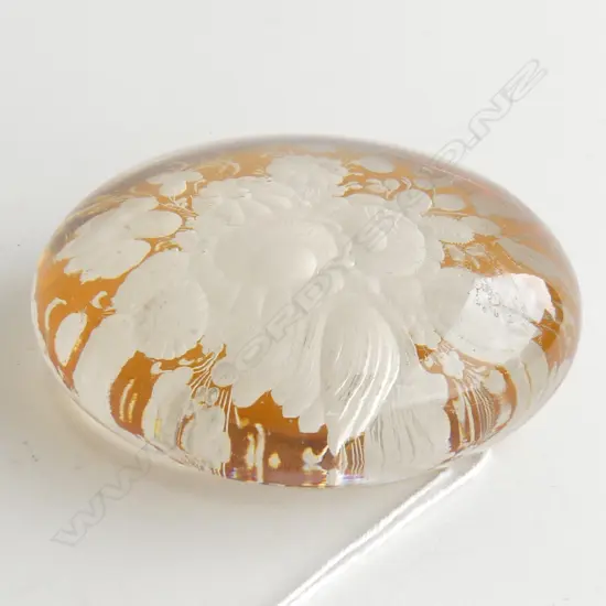 GLASS PAPER WEIGHT WITH FLORAL ETCHED BASE D 100mm