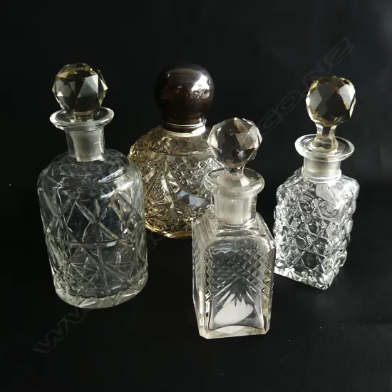 3 VINTAGE CUT GLASS SCENT BOTTLES & STG SILVER TOPPED BOTTLE H.135mm