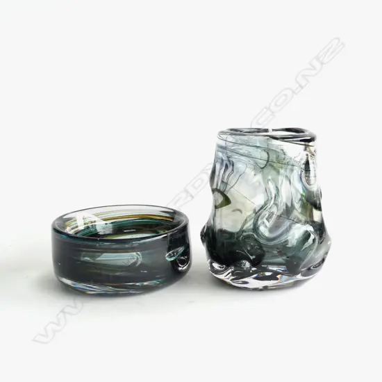 2 HEAVY WHITEFRIARS (?) GLASS PCS, KNOBBLY VASE (H135mm) & BOWL (Dia.122mm)