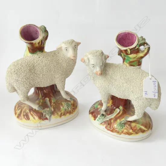 PR 19thC STAFFORDSHIRE SHEEP & RAM SPILL VASES H.190mm