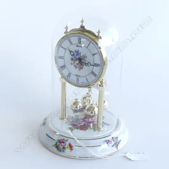 GERMAN HERMLE CLOCK WITH GLASS DOME & FLORAL PORCELAIN BASE H.240mm