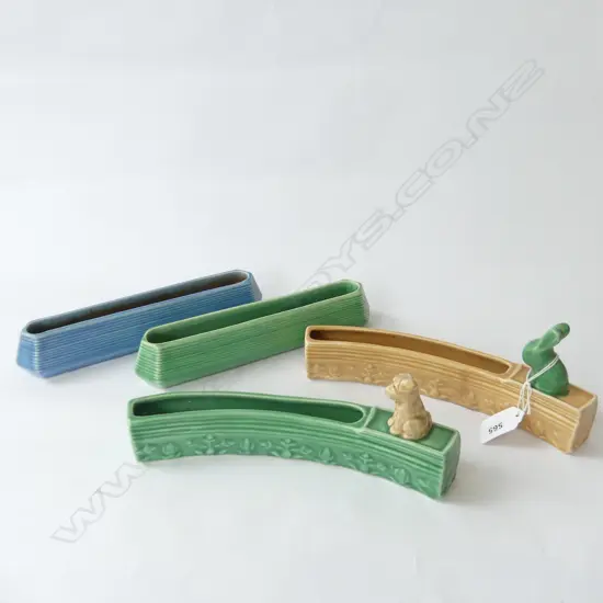 4 SYLVAC TROUGH VASES; 1 WITH DOG, 1 WITH RABBIT, 2 ART DECO