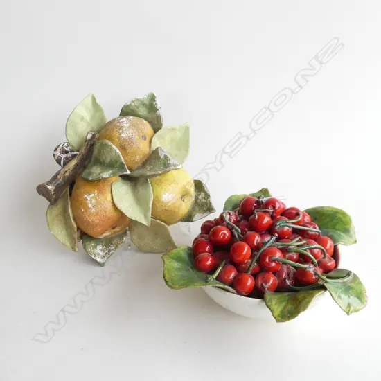 VINTAGE POTTERY PEAR WALL HANGING  (H 210mm)+  BOWL PORCELAIN CHERRIES (Dia.210mm) BOTH HAVE SOME AGE WEAR