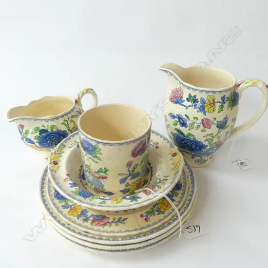 8 PCS MASONS REGENCY; 3 LUNCHEON PLATES, 1 SIDE PLATE, 2 JUGS (H.145 & 90mm) DESSERT BOWL & BEAKER  (SOME A.F.)