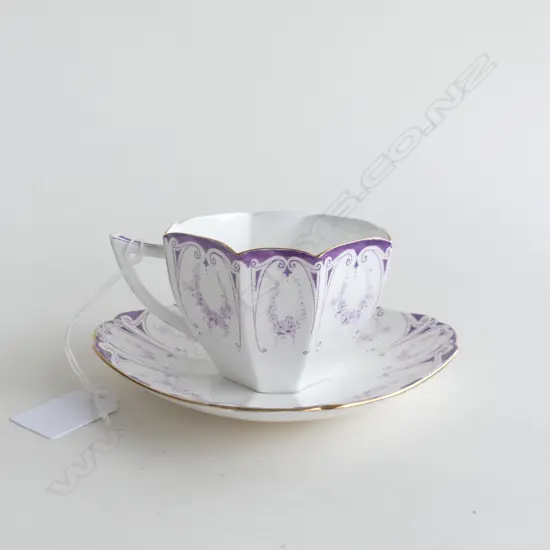 SHELLEY QUEEN ANNE SHAPE CUP & SAUCER PURPLE 'GARLAND OF FLOWERS' 11628