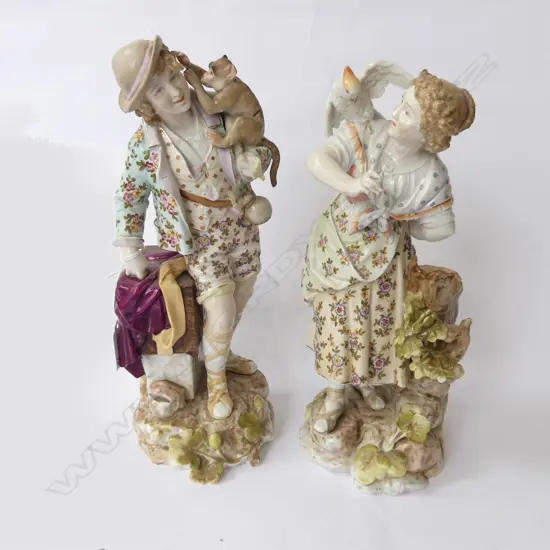 PR 19thC MEISSEN STYLE FIGURINES; MAN w. MONKEY, LADY w. BIRD (some repair) H.290mm