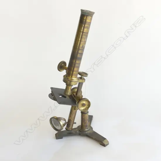 19thC BRASS MONOCULAR COMPOUND MICROSCOPE on TRIPOD BASE