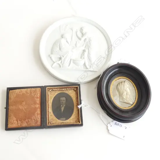 ALBUMEN PORTRAIT MINIATURE IN CASE, OVAL PORCELAIN CAMEO 'LADY MARGARET TUDOR' & 'ENERET' PORCELAIN NEO-CLASSICAL PLAQUE