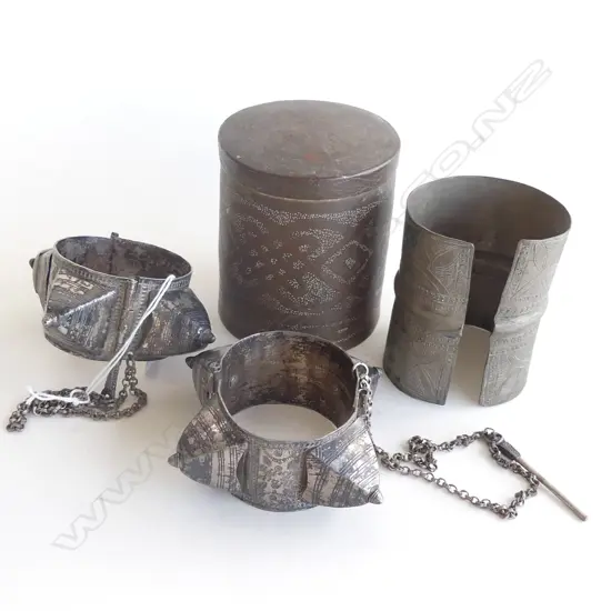 PR SILVER METAL TRIBAL CUFF BANGLES + ANOTHER + LIDDED CONTAINER H.95mm