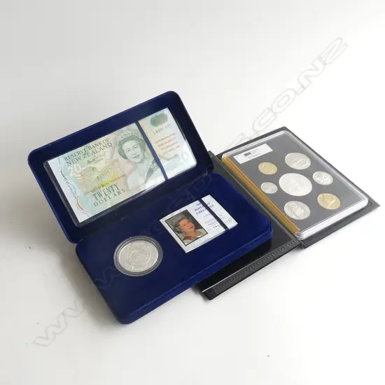 1996 NZ QEII 70TH B/DAY $20 BANKNOTE + $5 PROOF COIN SET + 1991 NZ PROOF SET