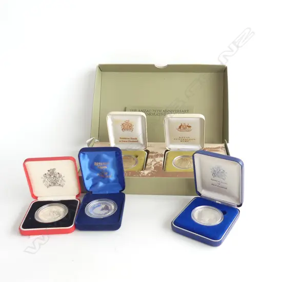 NZ PROOF COINS: 1990 ANZAC COIN SET + 1994 $5 + 1993 $5 +  1990 $1