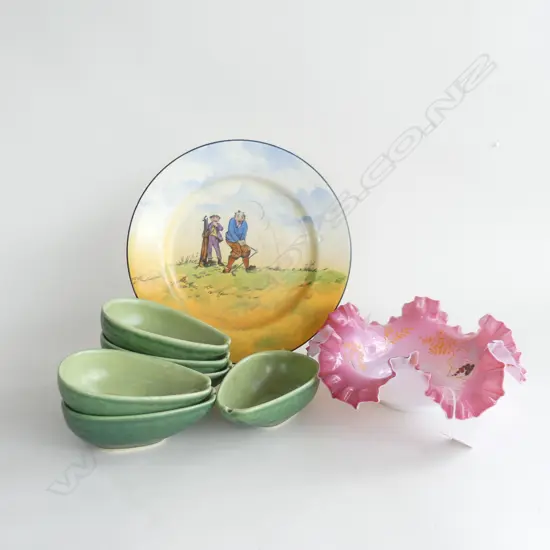 CROWN DUCAL GOLFING PLATE 260mm dia + 6 NZ POTTERY AVOCADO DISHES + PINK VICTORIAN FRILLED GLASS DISH 230mm dia